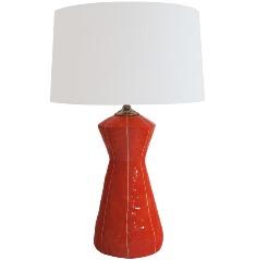 VIT ceramic lamp base, handmade, modern shape, coral red with white stripes, off-white linen shade, kri kri studio Seattle